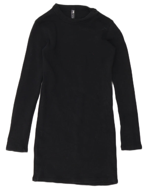 Zara Robe t-shirt à manches longues pour femme UK 10 Petit coton noir