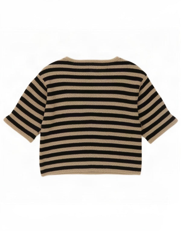 Zara Pull à manches courtes et col bateau pour femme UK 16 Large Noir Rayé