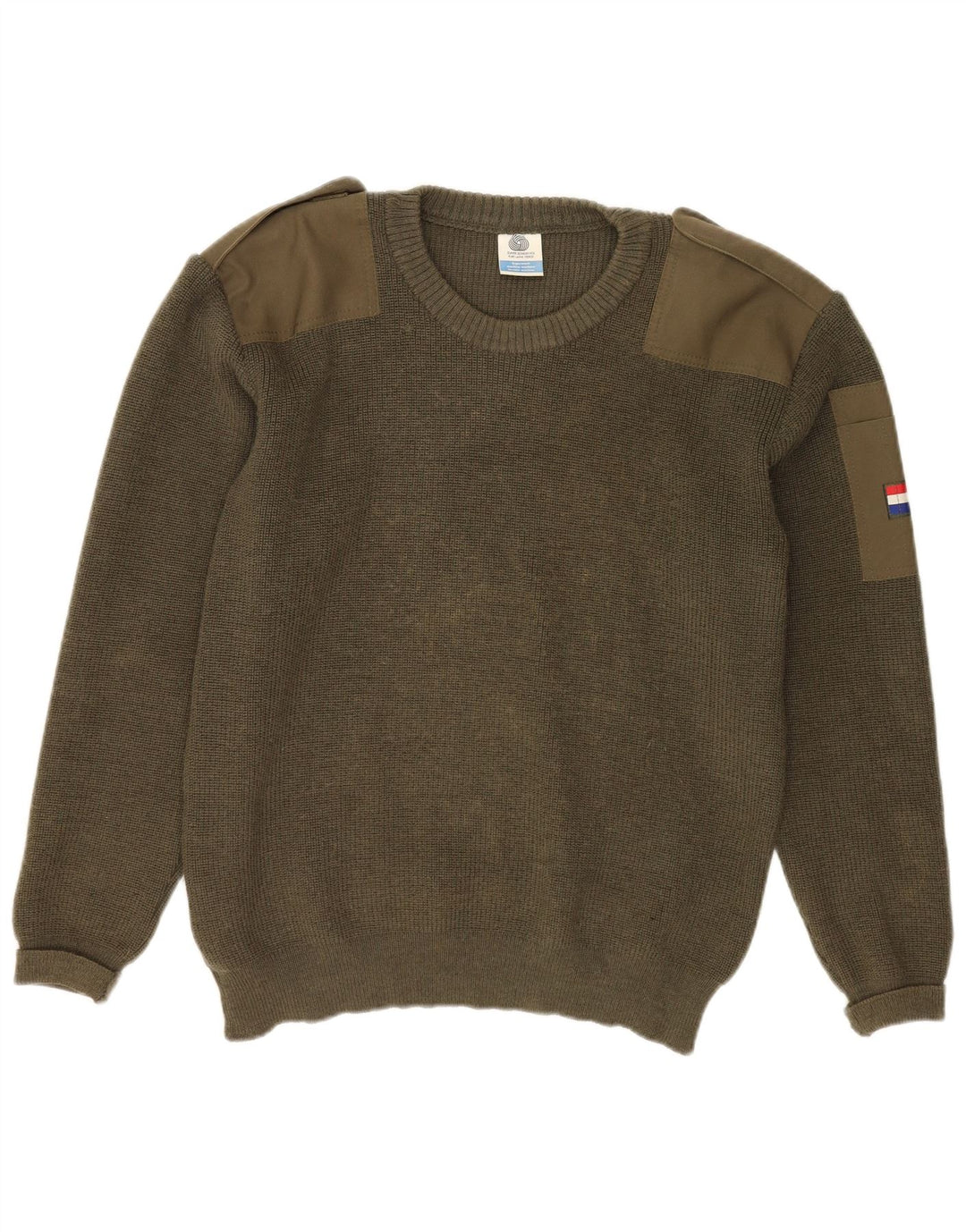 VINTAGE Homme Militaire Crew Neck Jumper Pull Grande Laine Vierge Kaki