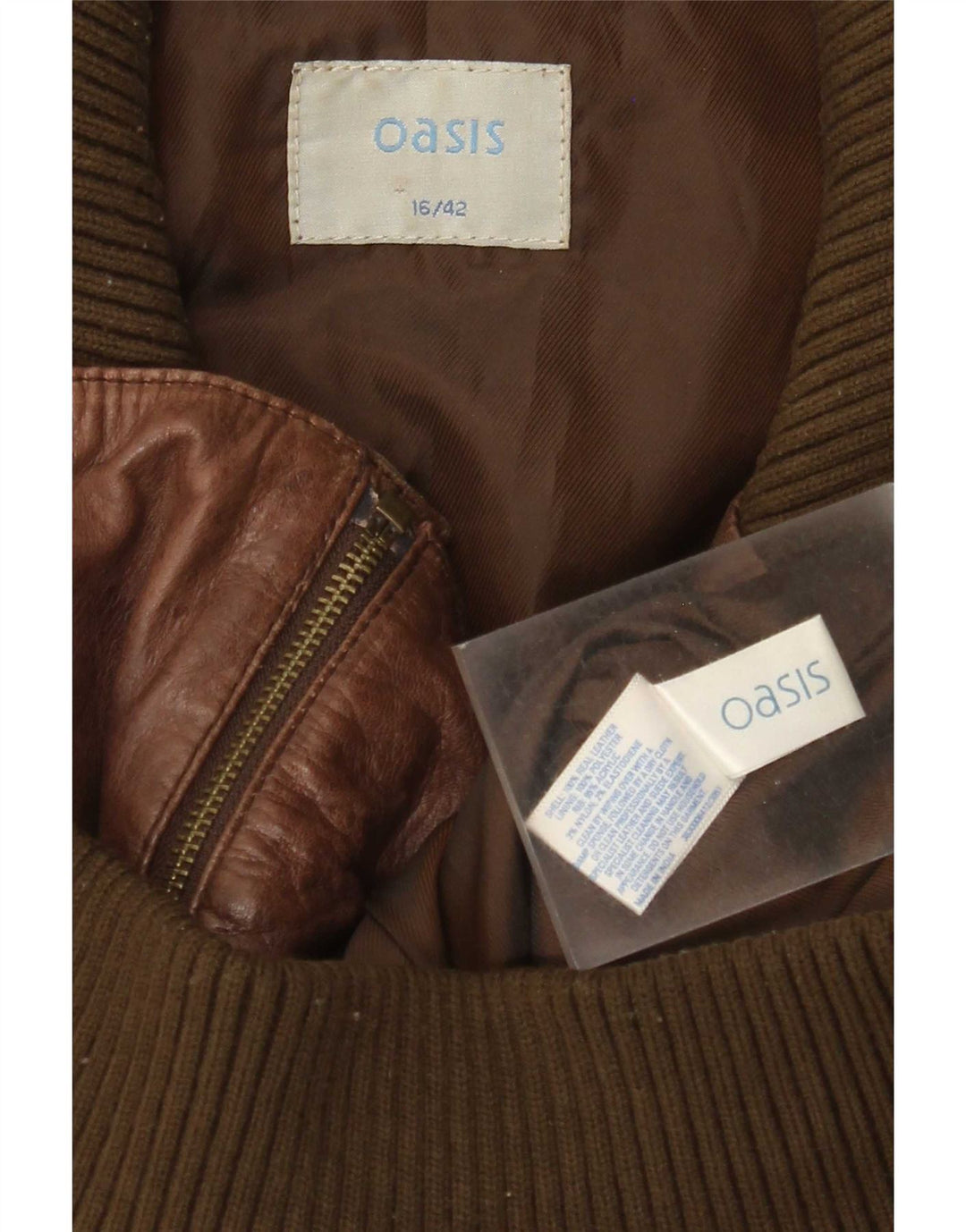 Oasis Veste en cuir courte pour femme UK 16 Large Marron Colourblock