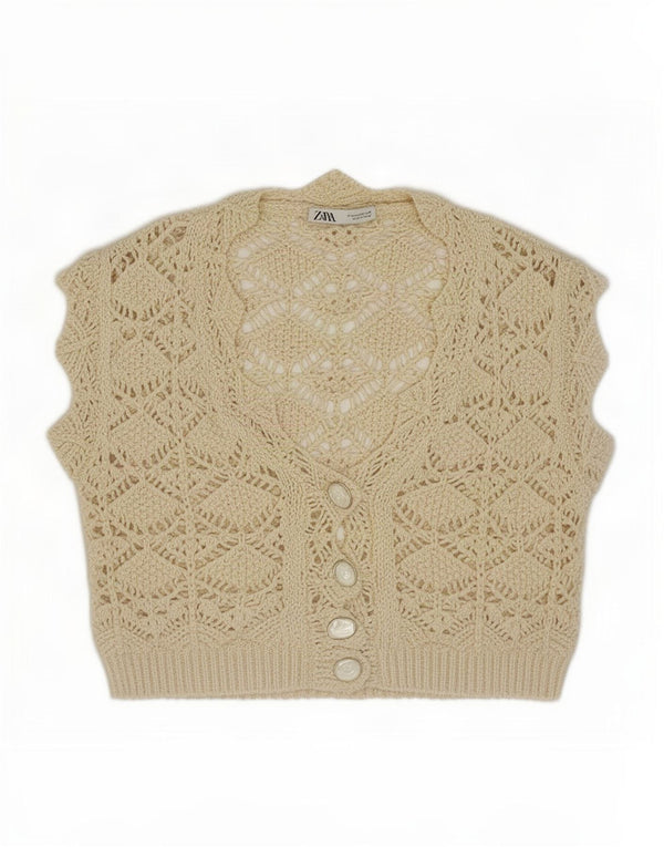 Zara Cardigan court sans manches transparent pour femme UK 14 Medium Off White