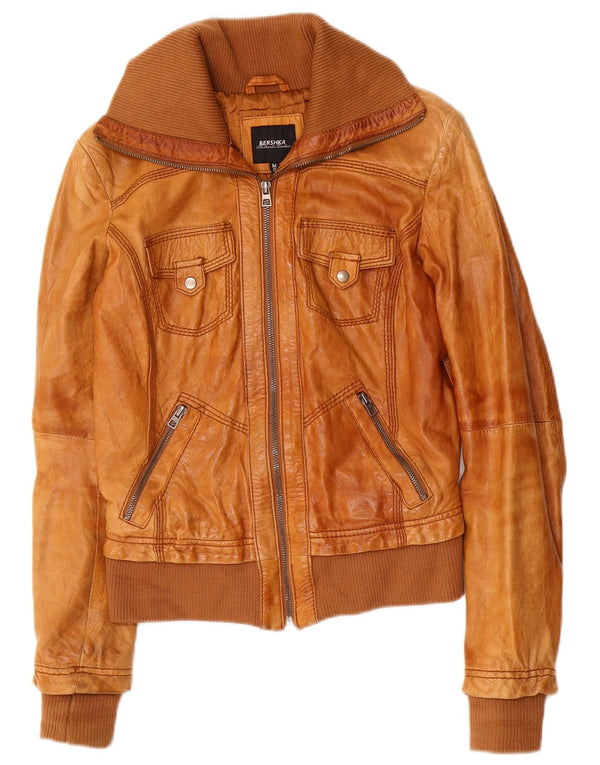BERSHKA Veste en cuir femme UK 12 Cuir marron moyen