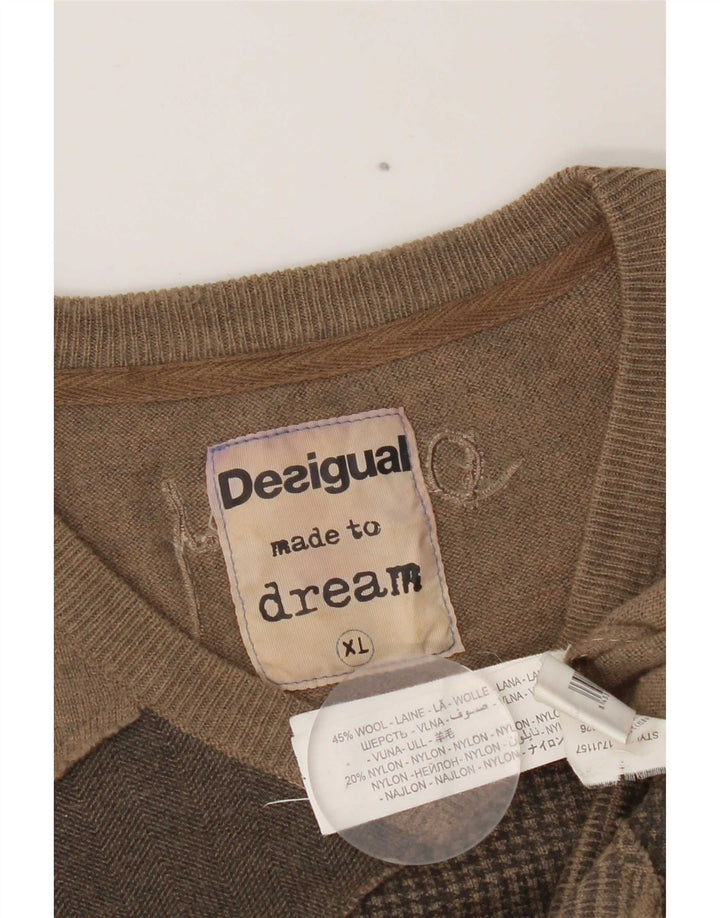 Desigual Pull Col V Homme XL Marron Patchwork Laine Moderne