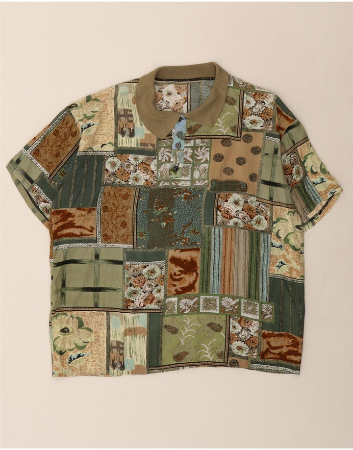 vintage Mens Manches Courtes Pull Chemise Vert Moyen Patchwork Viscose
