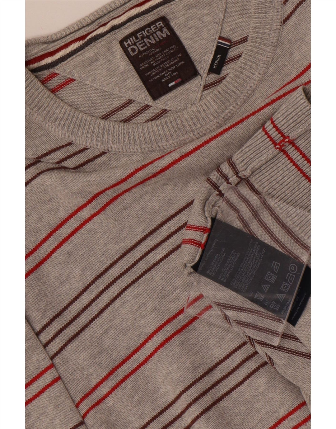 TOMMY HILFIGER Pull Col Ras du Cou Homme Gris Moyen Rayé Coton