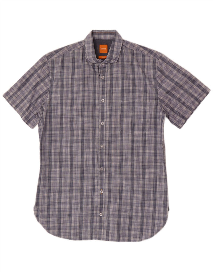 Hugo Boss Chemise Slim Fit à manches courtes en coton à carreaux bleu moyen
