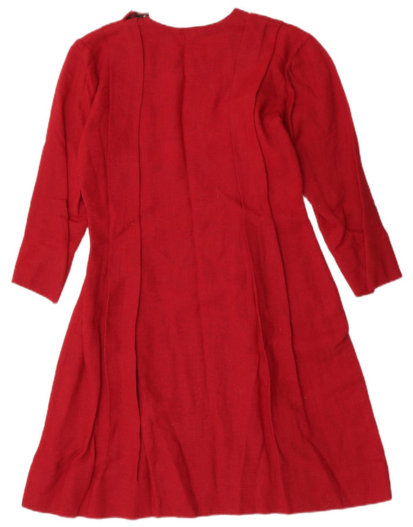vintage Femmes 3/4 Manches A-Line Robe UK 10 Petit Rouge
