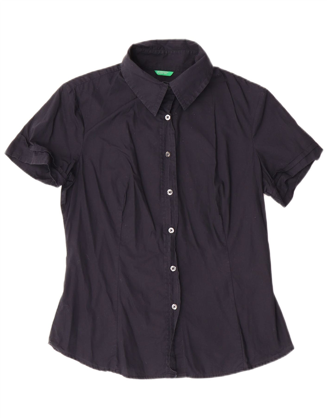 BENETTON Chemise à manches courtes pour femme UK 14 Large Bleu marine Coton