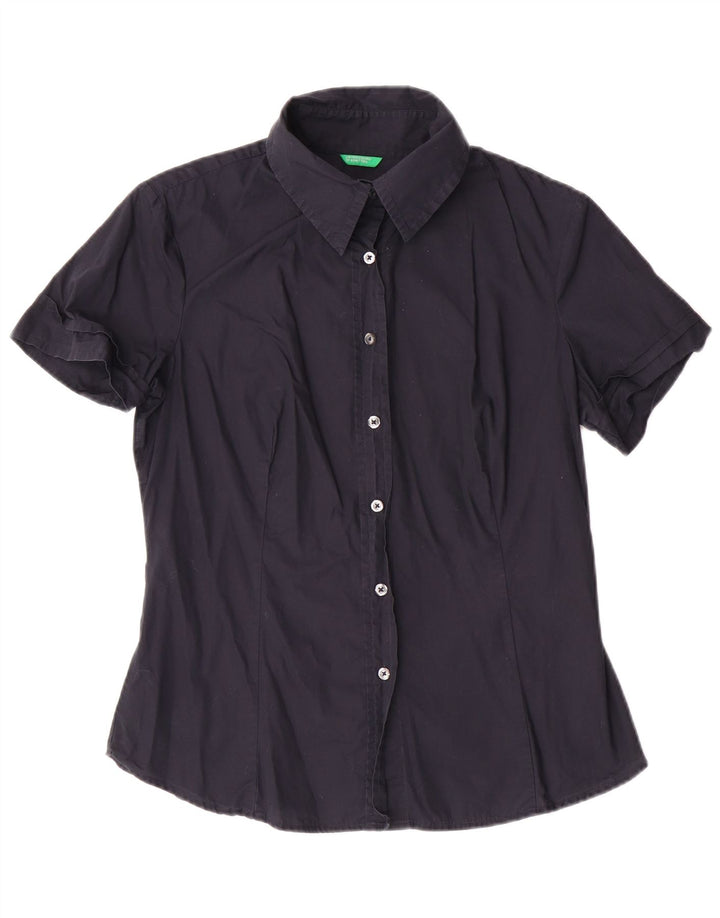 BENETTON Chemise à manches courtes pour femme UK 14 Large Bleu marine Coton