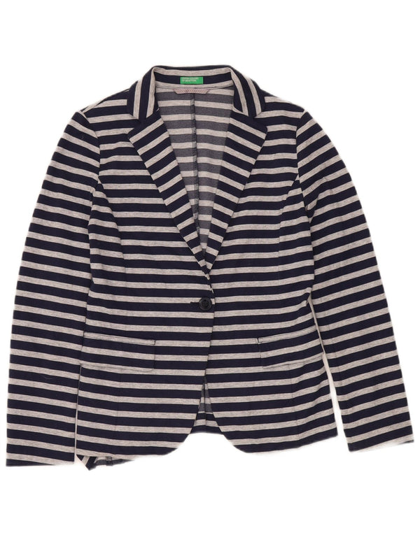 Benetton Veste Blazer 1 Bouton Femme UK 10 Petit Bleu Marine Rayé
