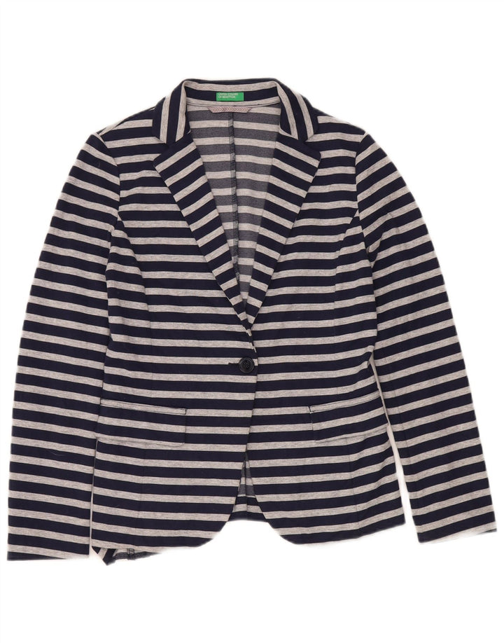 Benetton Veste Blazer 1 Bouton Femme UK 10 Petit Bleu Marine Rayé
