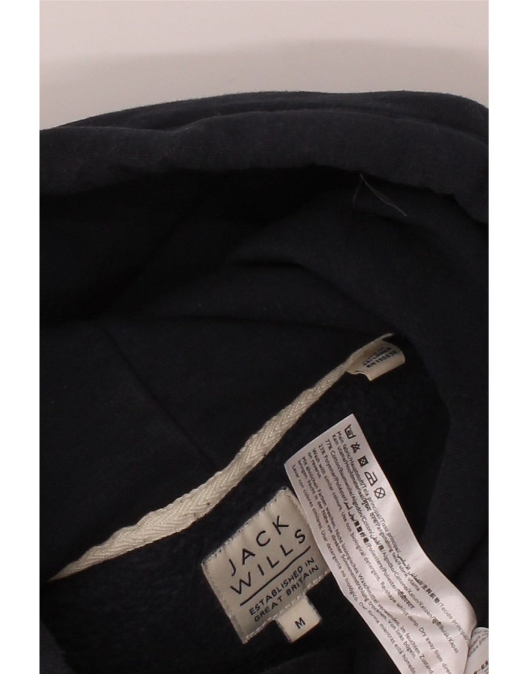 JACK WILLS Mens Graphic Hoodie Jumper Medium Navy Blue Cotton Vintage Jack Wills and Second-Hand Jack Wills from Messina Hembry 