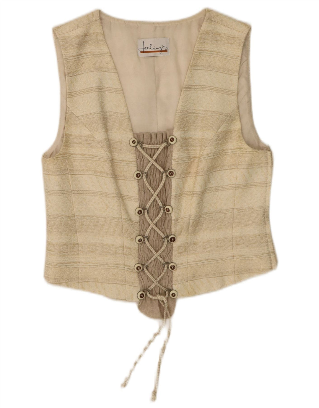 vintage Womens Crop Top UK 12 Acétate rayé beige moyen