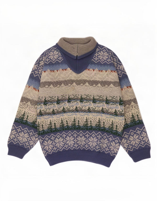 vintage Mens Zip Neck Jumper Pull Moyen Multicolore Fair Isle