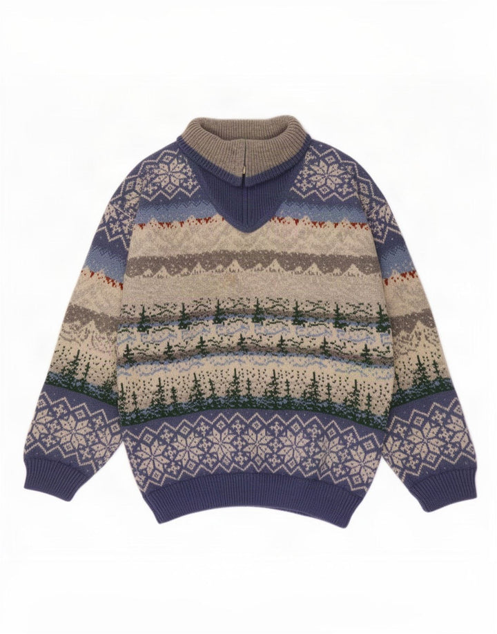vintage Mens Zip Neck Jumper Pull Moyen Multicolore Fair Isle