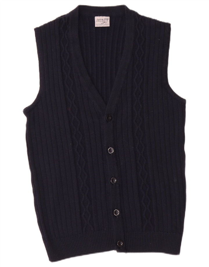 vintage Mens Cardigan sans manches Pull Petit Bleu Marine