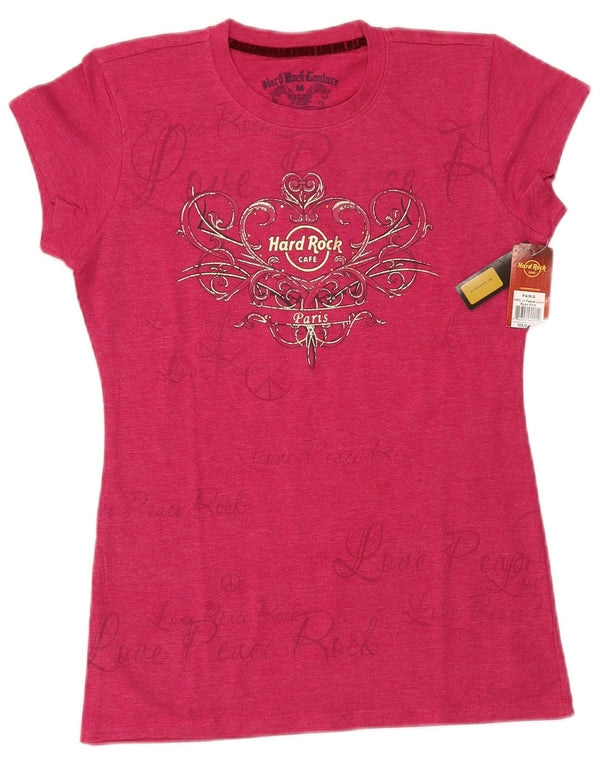 Hard Rock Cafe Paris T-shirt graphique pour femme en coton rose moyen UK 12