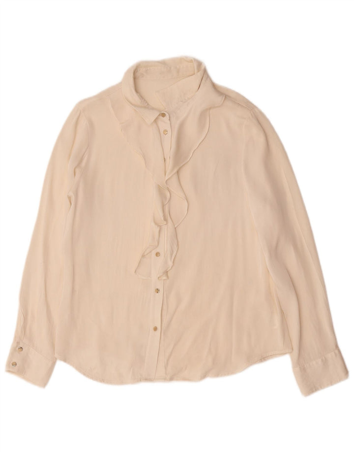 vintage Femmes Ruffle Front Shirt Blouse UK 12 Moyen Blanc