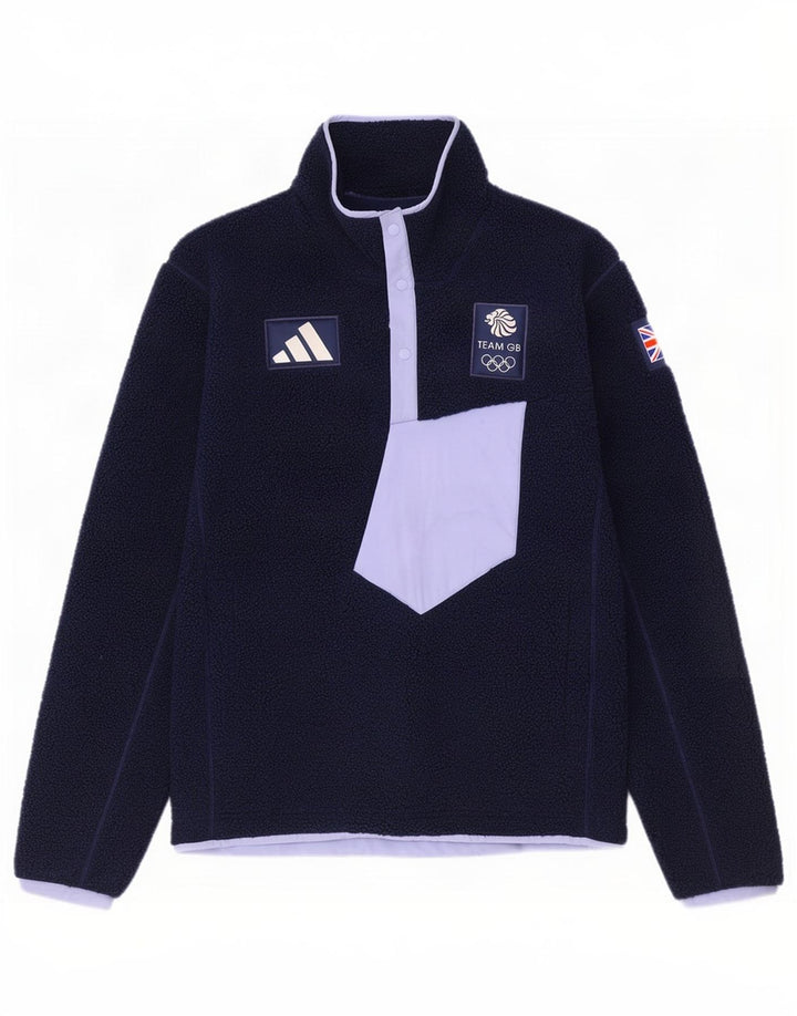 Adidas Pull en polaire à col boutonné Team GB pour homme Bleu marine moyen Colourblock