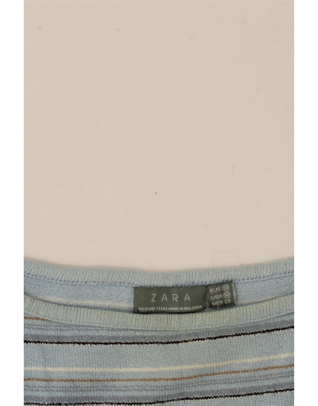 Zara Womens Crop Top Manches 3/4 UK 12 Bleu Moyen Rayé
