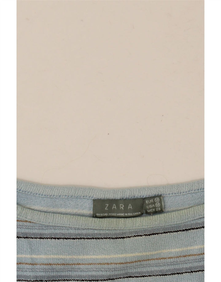 Zara Womens Crop Top Manches 3/4 UK 12 Bleu Moyen Rayé