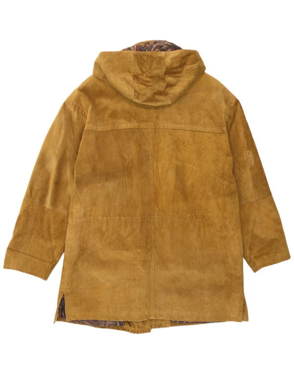 vintage Femmes Surdimensionné À Capuchon Daim Duffle Coat IT 50 XL Cuir Marron