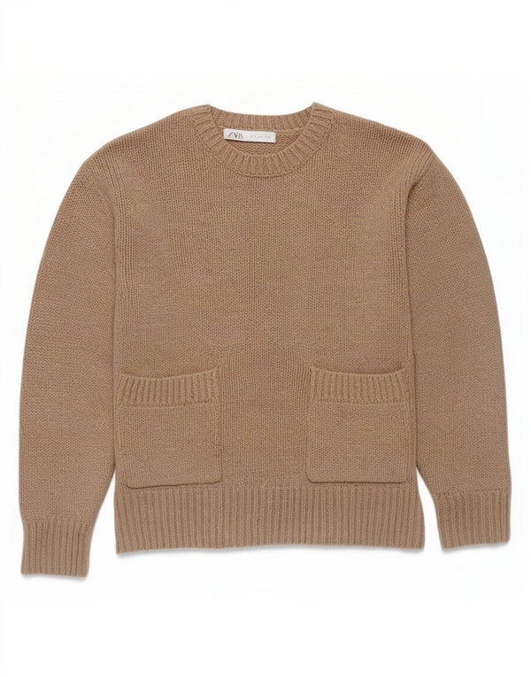 Zara Pull surdimensionné à col rond pour femme UK 10 Petit Marron Polyester