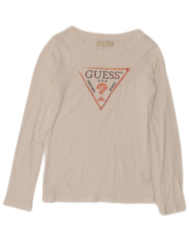 Guess Haut graphique à manches longues pour femme UK 10 Petit coton blanc