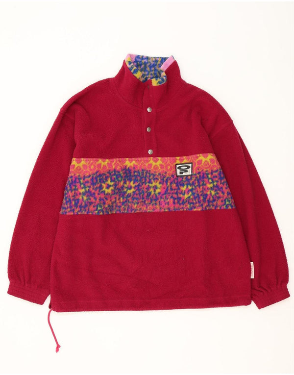 vintage Mens Button Neck Fleece Jumper Grand Rose Géométrique Polyester