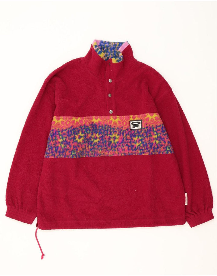 vintage Mens Button Neck Fleece Jumper Grand Rose Géométrique Polyester
