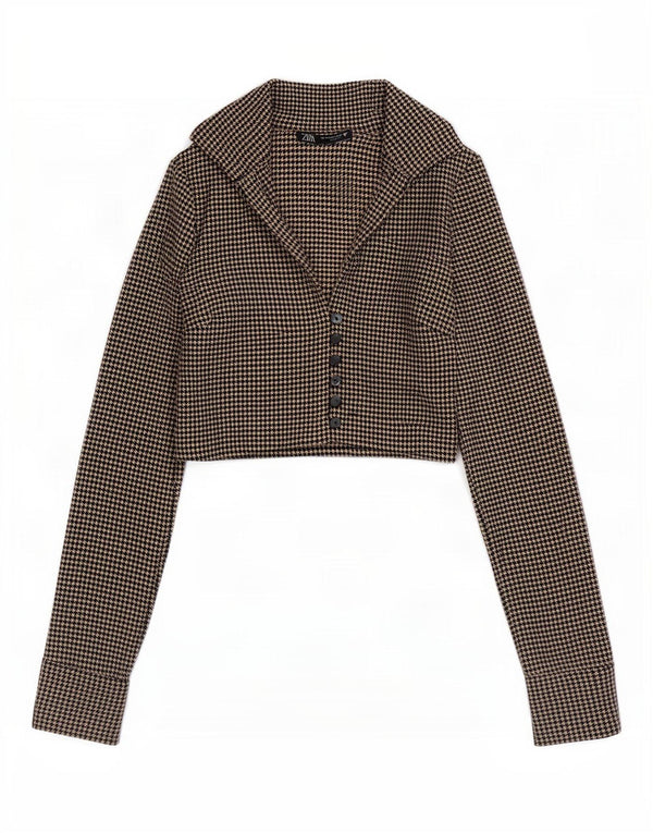 Zara Womens Crop Shirt Blouse UK 6 XS Marron Pied-de-Poule Polyester