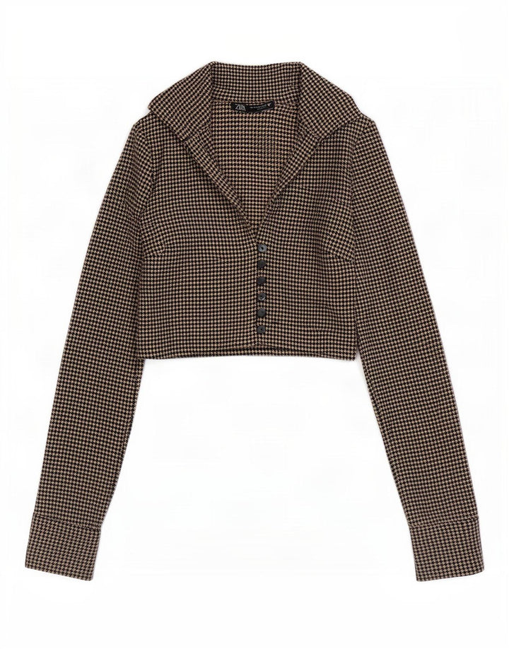 Zara Womens Crop Shirt Blouse UK 6 XS Marron Pied-de-Poule Polyester