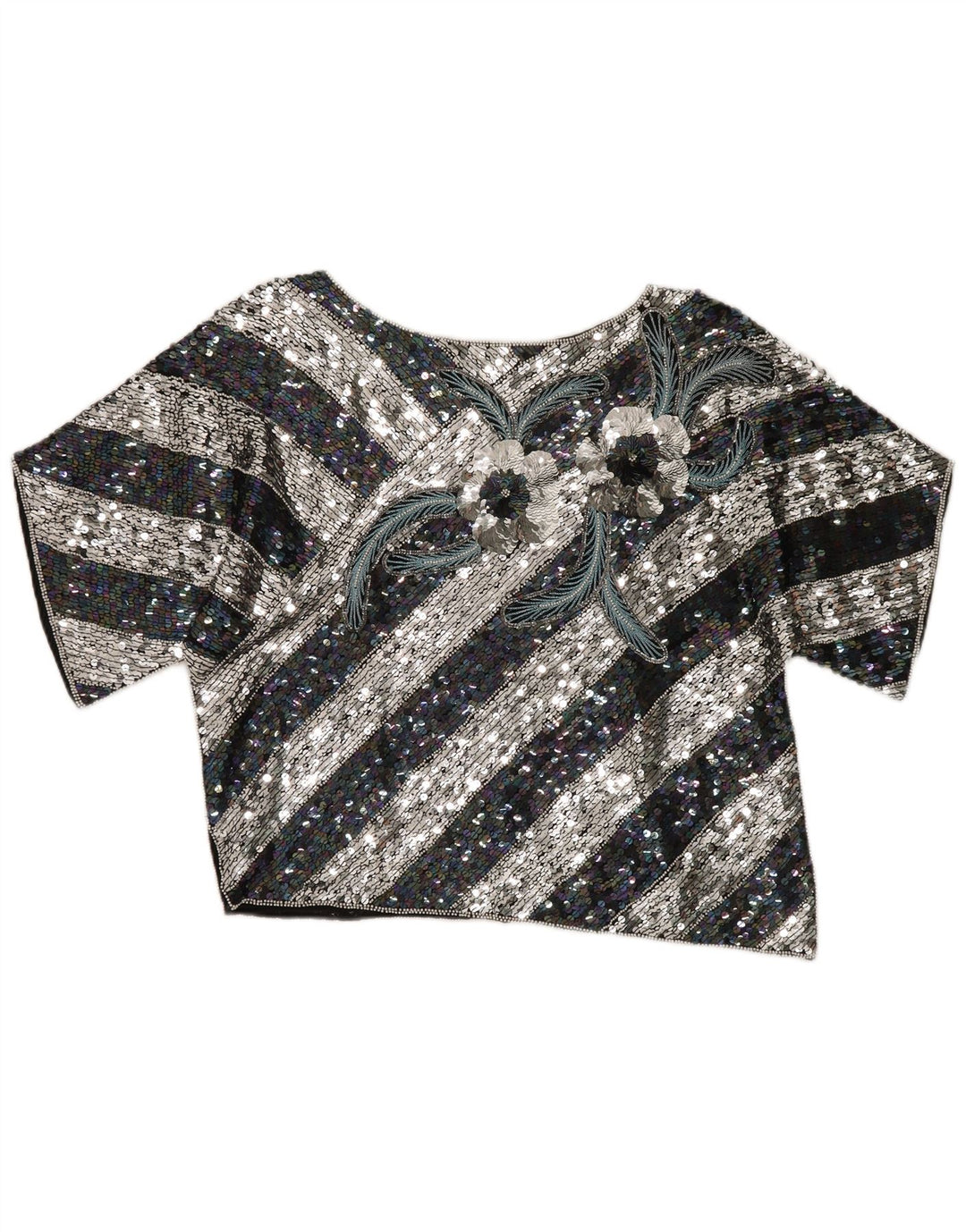 vintage Womens Crop Graphic Blouse Top EU 40 Soie rayée noire moyenne