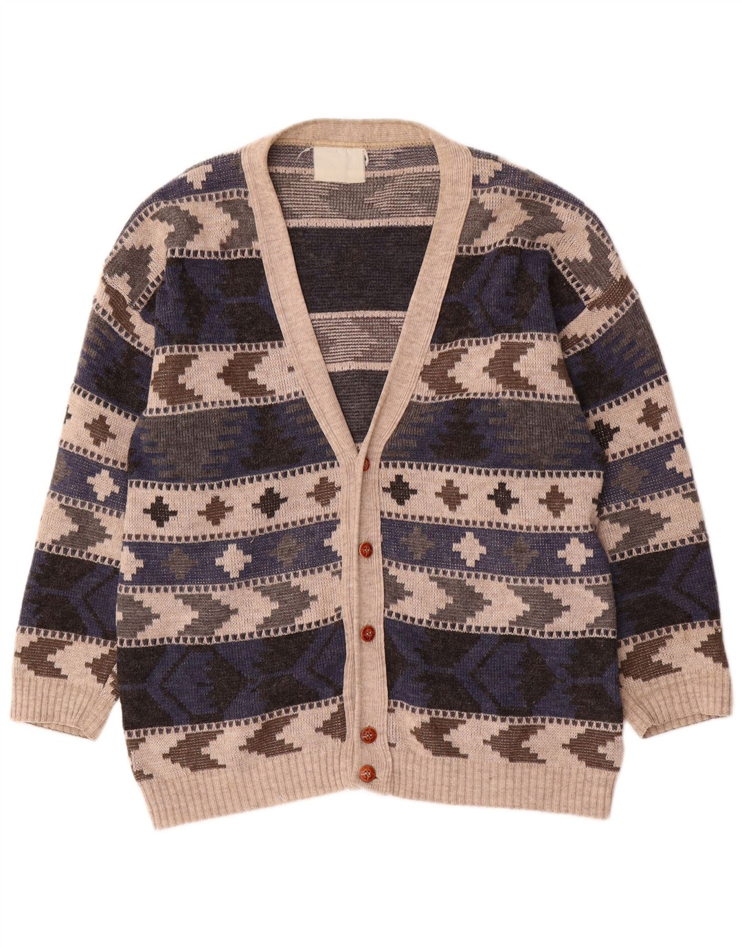 vintage Mens Cardigan Sweater Grand Multicolore Géométrique