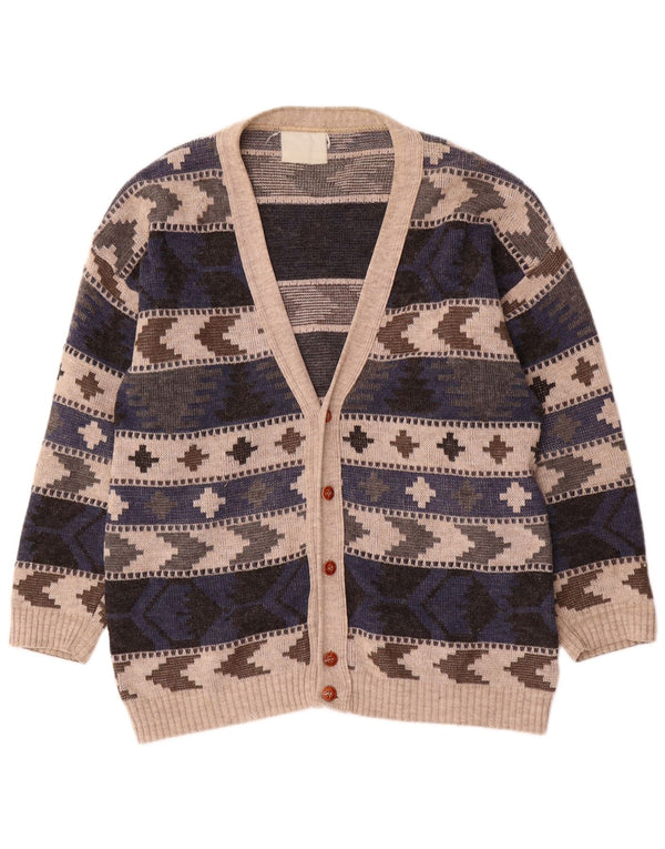 vintage Mens Cardigan Sweater Grand Multicolore Géométrique