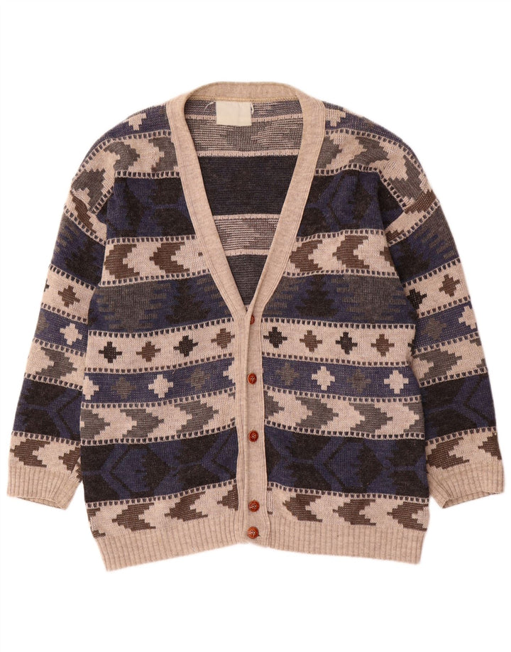 vintage Mens Cardigan Sweater Grand Multicolore Géométrique
