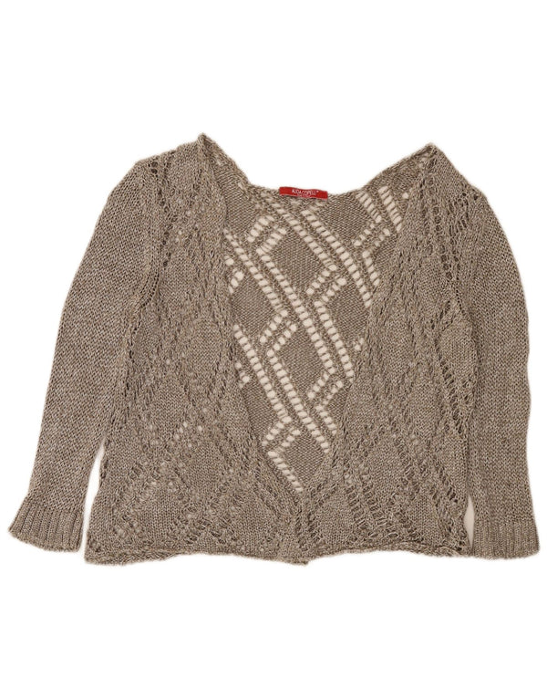 vintage Femmes 3/4 Manches Cardigan Pull UK 14 Grand Brun Moucheté