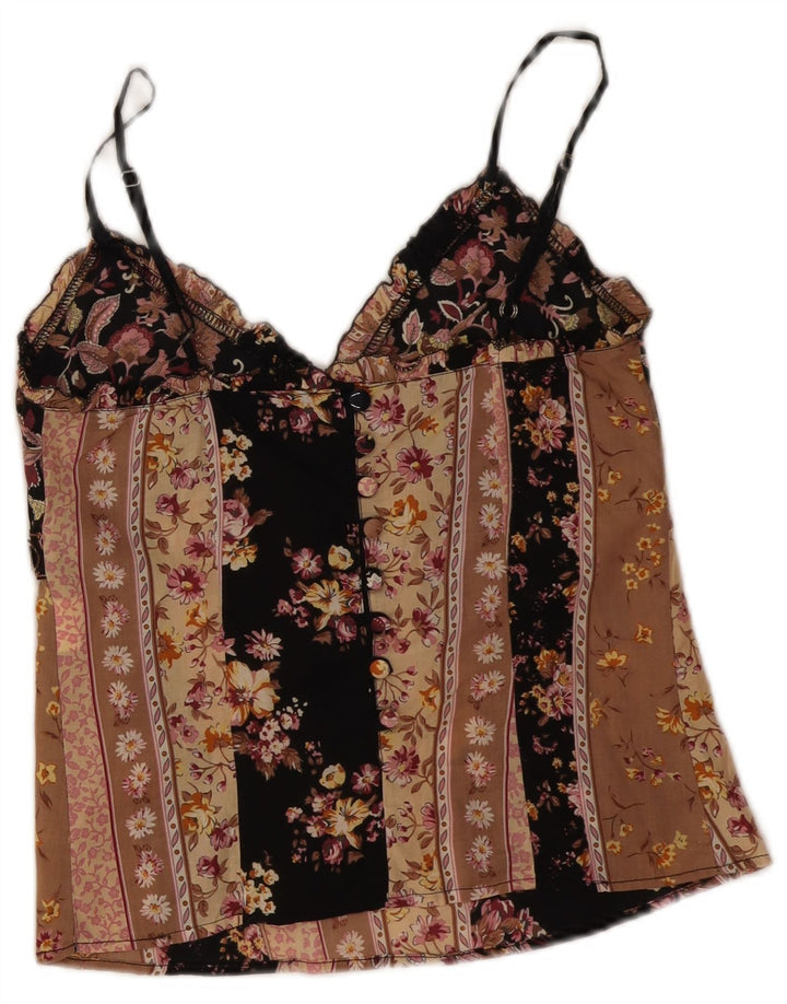 vintage Femmes Crop Cami Top UK 8 Petit Noir Floral