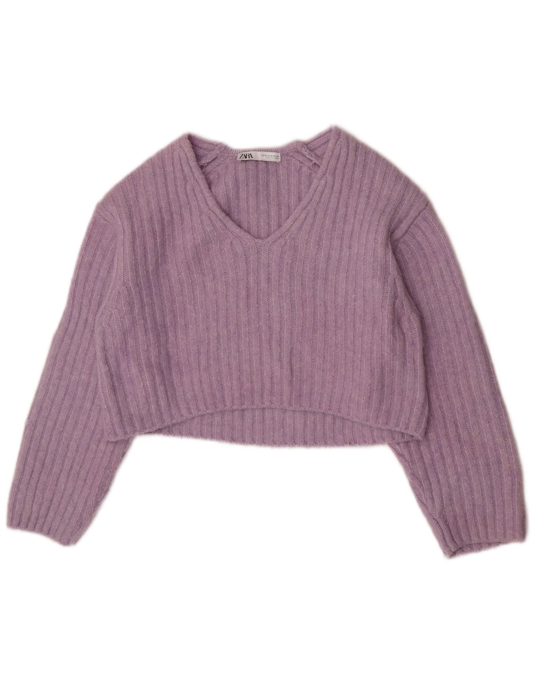 Zara Pull court à col en V pour femme UK 14 Violet moyen Polyester