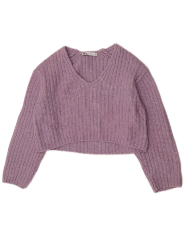 Zara Pull court à col en V pour femme UK 14 Violet moyen Polyester