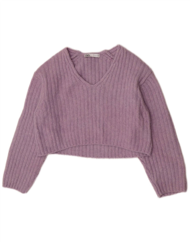 Zara Pull court à col en V pour femme UK 14 Violet moyen Polyester