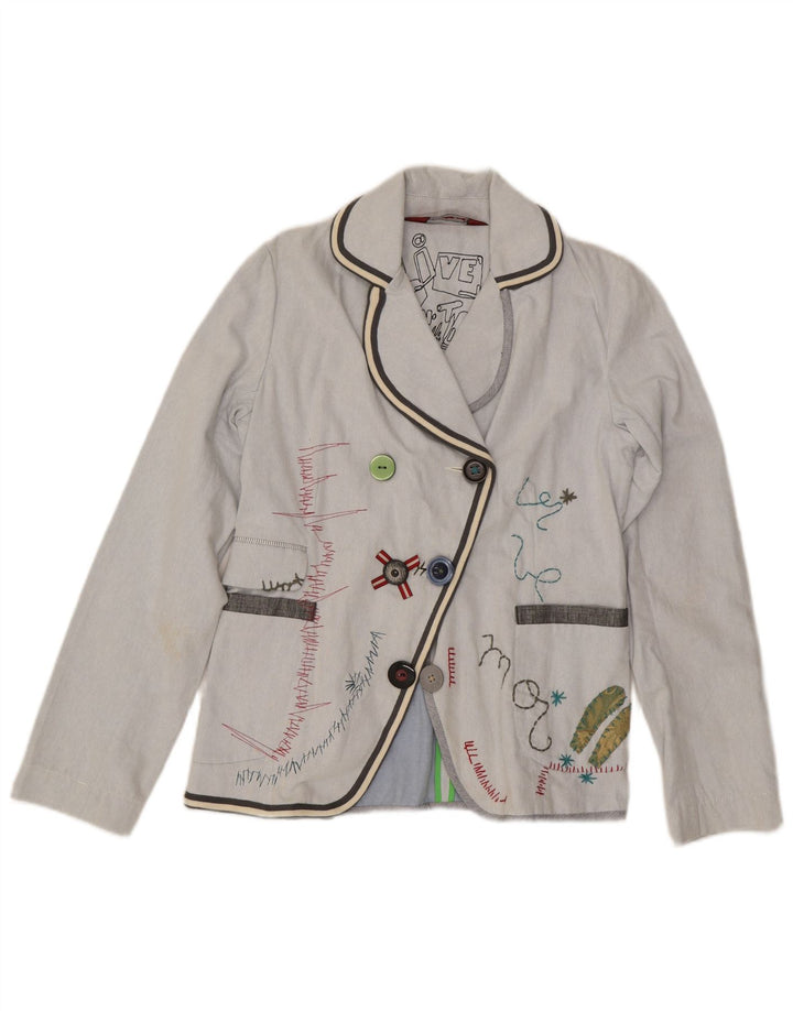 Desigual Femmes Graphique 3 Bouton Blazer Veste EU 42 Grand Bleu Coton