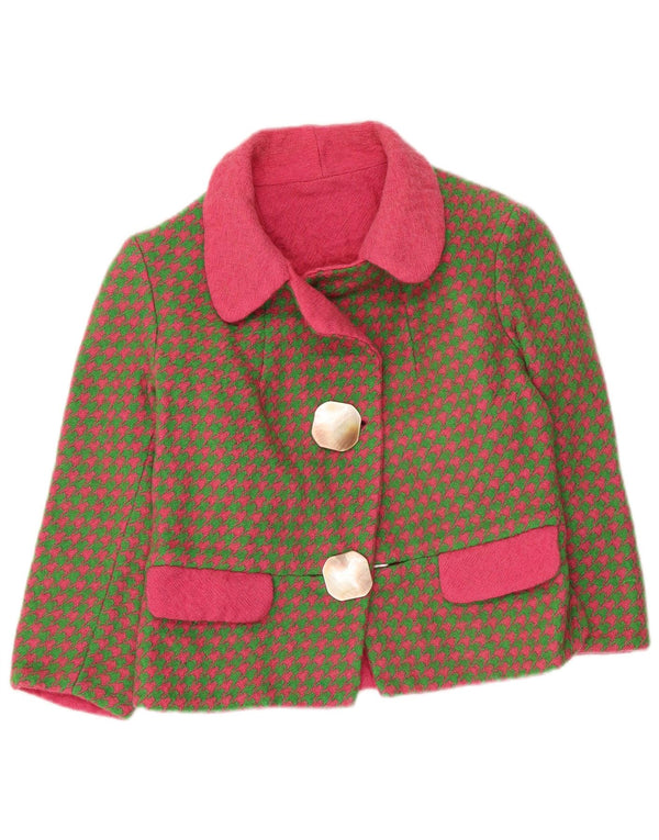 vintage Femme 3/4 Manches Blazer Veste UK 8 Petit Kaki Pied-de-poule