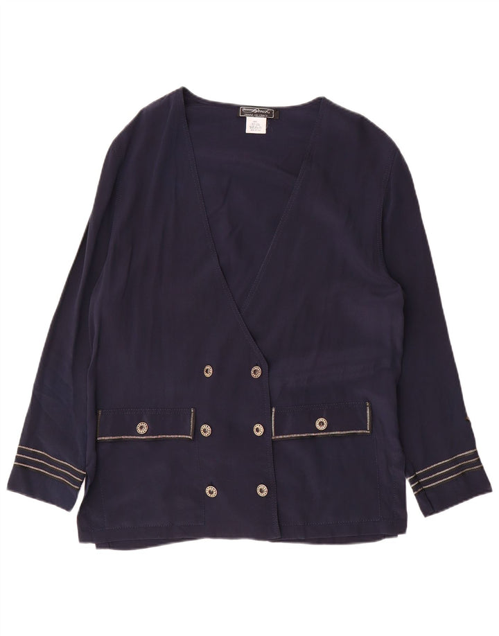 vintage Femme Double Breasted Blazer Veste UK 16 Grande Soie Bleu Marine
