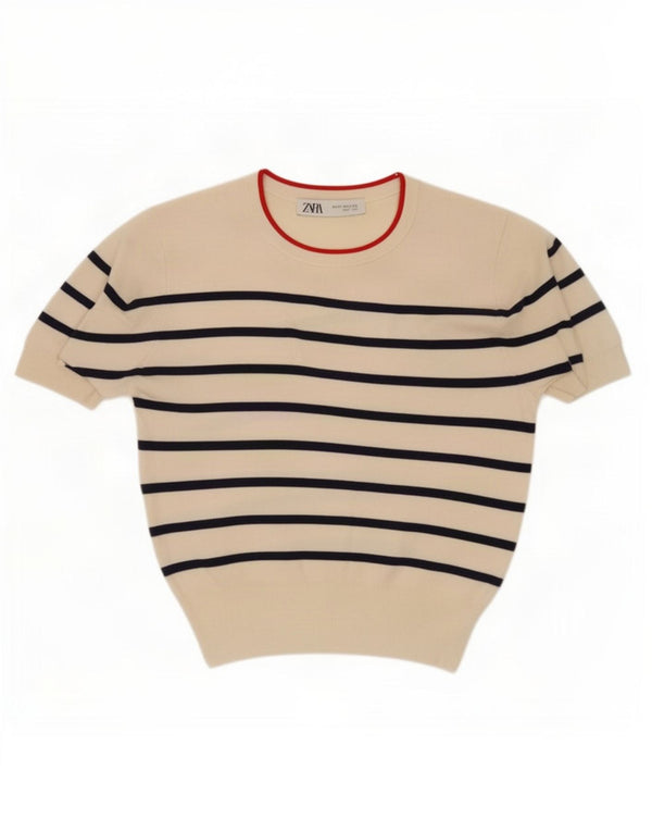 Zara Chemisier à manches courtes pour femme UK 12 Medium Off White Rayé Viscose