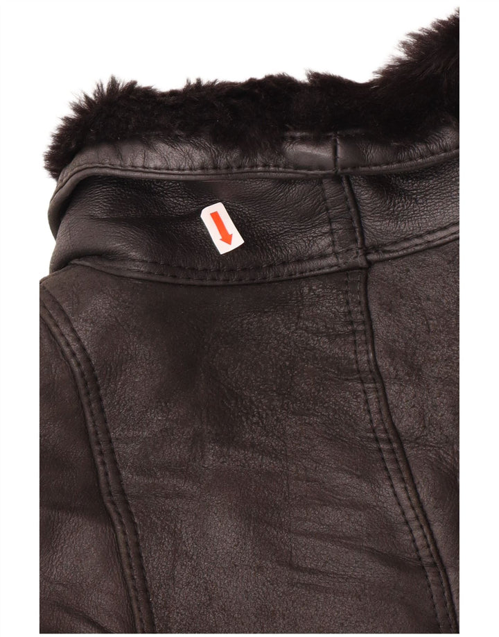 VINTAGE Veste double boutonnage femme EU 42 Grand Shearling Noir