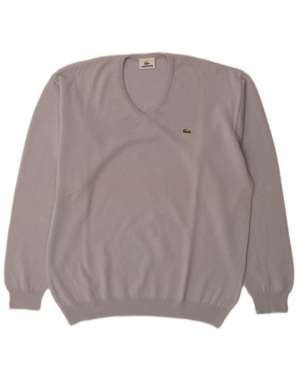 Lacoste Mens V-Neck Jumper Sweater Size 5 Large Blue Virgin Wool