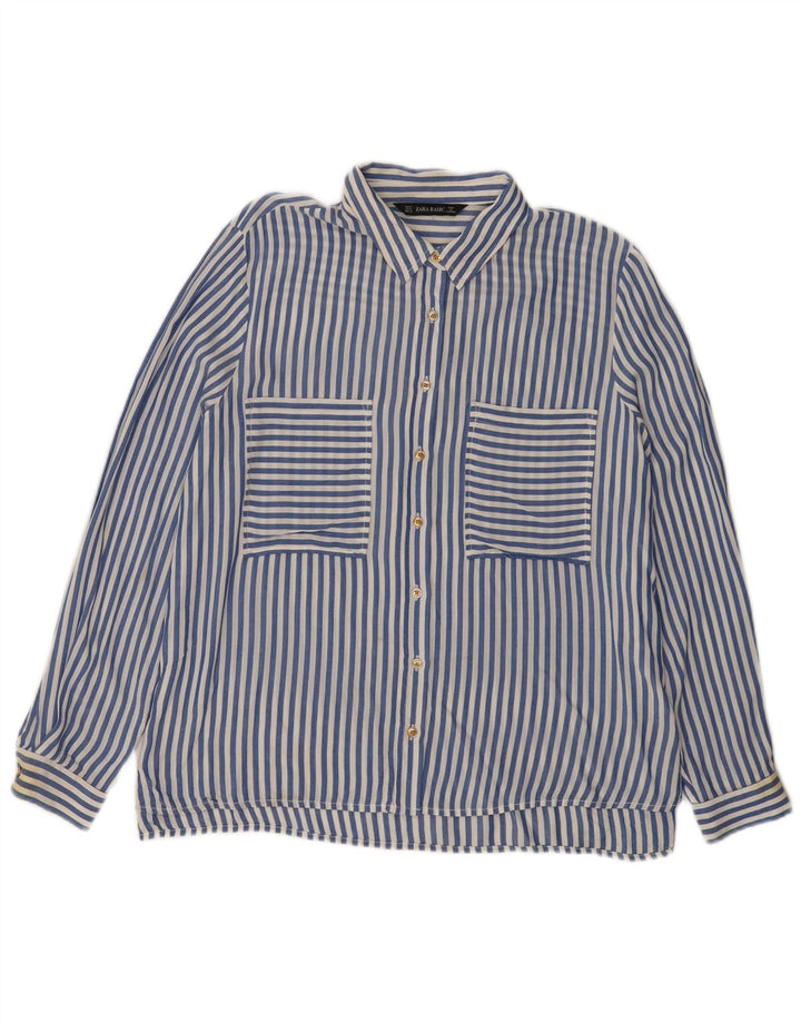 Zara Chemise Femme UK 14 Viscose À Fines Rayures Bleu Moyen