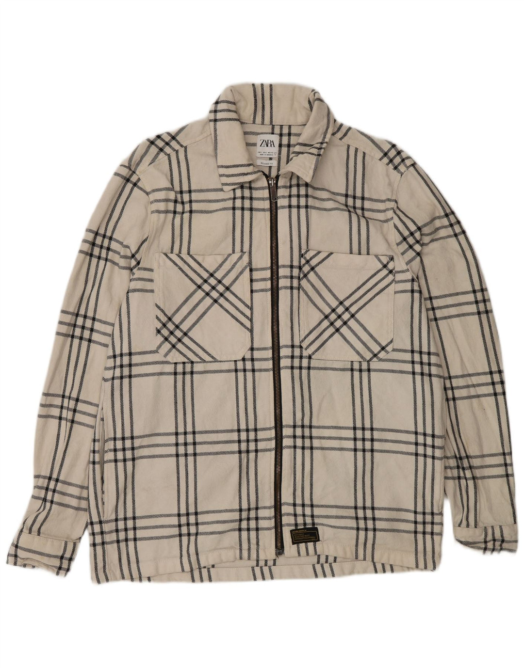 Zara Homme Surchemise Coupe décontractée Chemise en flanelle Grand carreaux blancs en coton