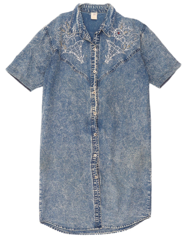 vintage Femmes Manches Courtes Denim Chemise Robe UK 14 Bleu Moyen